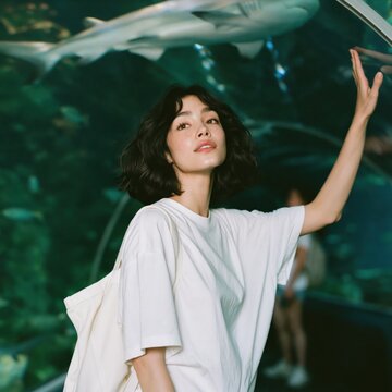 Young woman in aquarium tunnel with sharks for travel background poster and lifestyle banner