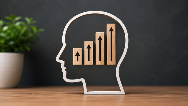 Human head profile containing wooden upward bar chart arrows. Concept of business growth mindset, personal development, and intellectual progression.