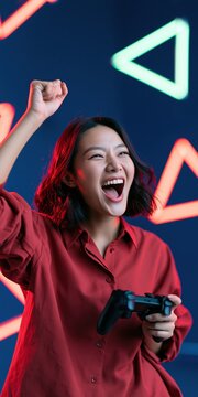 Young woman cheering while playing video games with a controller in neon backdrop for streamer banner and esports design