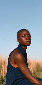Young woman with shaved head portrait seated in grass under clear sky for portrait banner and editorial background design
