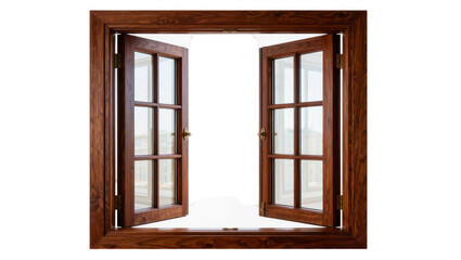 Fototapeta premium Open wooden casement window with six panes, isolated on transparent background