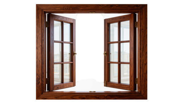 Open wooden casement window with six panes, isolated on transparent background