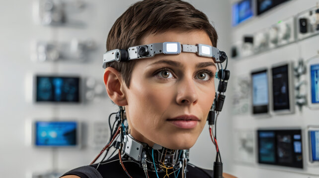 Advanced robotic headgear on woman in technology laboratory environment