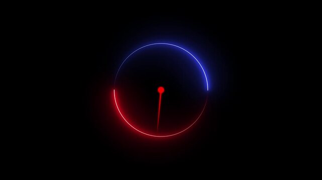 Futuristic red and blue neon glowing clock animation on black background, concept of time, deadline, and countdown