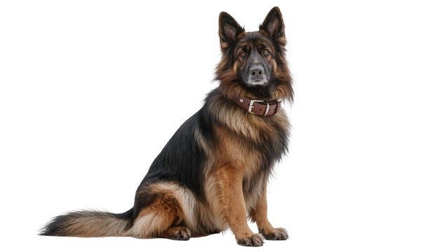 Majestic German Shepherd dog with brown leather collar sitting attentively, isolated on transparent background