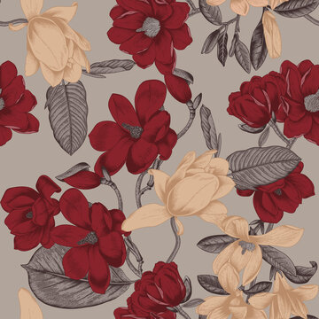 Magnolias. Flowers. Vector seamless background with flowers. Botany. Spring. Blooming trees. Vegetable pattern. Garden.