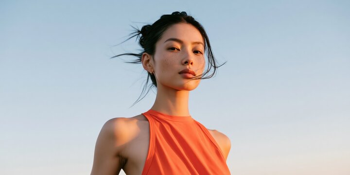 Confident portrait of a woman in an orange sleeveless top at dusk for fashion banner and minimalist background design