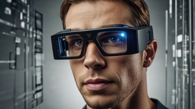 Augmented reality glasses worn by man in modern technology data center