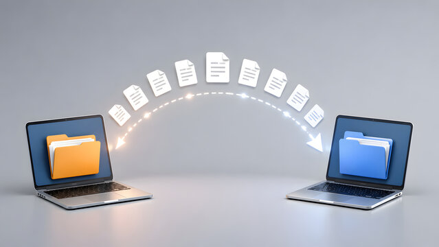 Document icons moving in a dashed line arch between two laptop computers. Concept of digital file transfer protocol and cloud storage data migration.