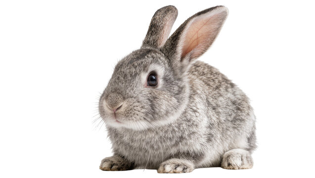 Fluffy grey rabbit with long ears, isolated on transparent background