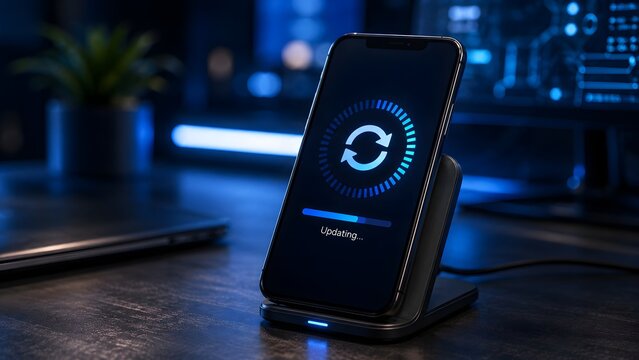Smartphone on wireless charger displaying blue updating progress screen on dark desk. Concept of digital device firmware upgrade and automated software installation.