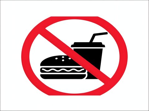 No food or drink sign prohibiting sandwich and coffee cup in red circle slash
