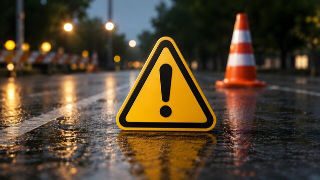 Yellow warning triangle sign sitting on wet asphalt road beside traffic cones. Concept of night traffic accident hazard and road construction safety.