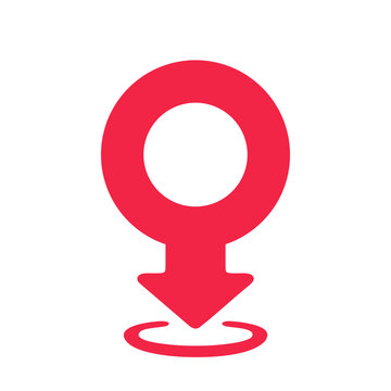 Modern crimson female symbol merging with a navigational pointer indicating a specific women's place