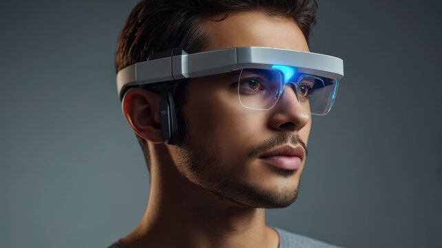 Smart glasses young man gesture control augmented reality eyewear