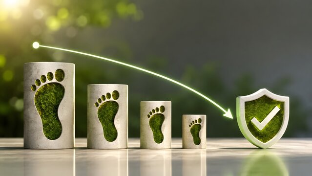 Grassy footprint cylinder blocks and downward arrow pointing to checkmark shield. Concept of carbon footprint reduction and environmental safety.