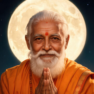 Elderly Indian guru holding hands in prayer position for Guru Purnima celebration. Wise spiritual teacher character with white beard against full moon background. Religion meditation concept.