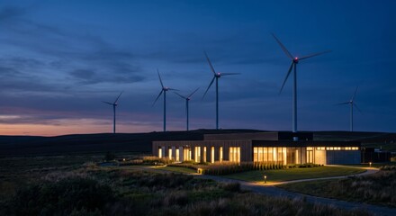 Obraz premium Wind turbines powering modern data center at dusk with glowing windows and clean energy infrastructure