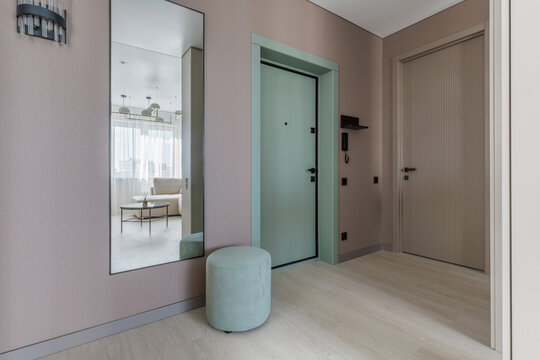Modern Apartment Entryway with Mirror Reflection of Living Room