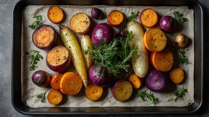 Fototapeta premium Roasted root vegetable assortment arranged on parchment
