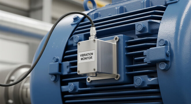 Industrial vibration monitor sensor mounted on blue electric motor, predictive maintenance device for factory machinery, close-up of diagnostic equipment