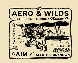 Vintage biplane aviation illustration. Retro female pilot mechanic graphic. Adventure travel badge design. Classic airplane sketch poster. © Si Acih