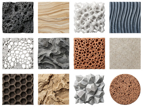 Diverse collection of 3d abstract material tiles featuring porous stone volcanic rock organic foam sand ripples and geometric patterns for architectural visualization.