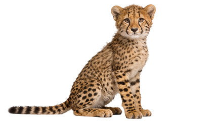 Young cheetah cub with spotted fur, sitting calmly isolated on transparent background © Maria