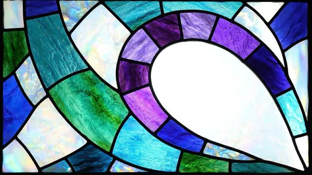 Colorful stained glass window with abstract pattern and swirling motion