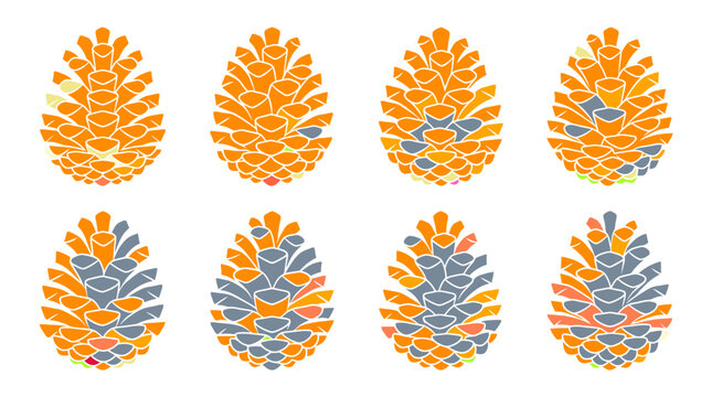 Pinecone Data Visualization: A series of eight pinecone shapes illustrating data patterns with orange and blue color variations, suggesting growth or change over time.