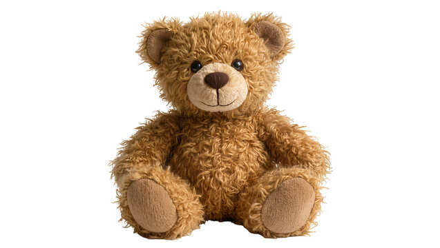 Fluffy brown teddy bear toy with stitched nose and smile, isolated on transparent background