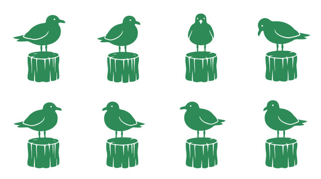Green Seagull Bird Icons Standing on Wooden Pier Posts Vector Illustration for Coastal Branding, Marine Signage & Nautical Decor (EPS)