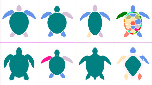 Colorful Sea Turtle Silhouette Collection Vector Illustrations for Marine Biology Education, Ocean Conservation Posters & Wildlife Infographics (EPS)