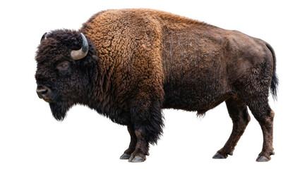 Majestic brown bison with shaggy fur and curved horns, isolated on transparent background © Maria
