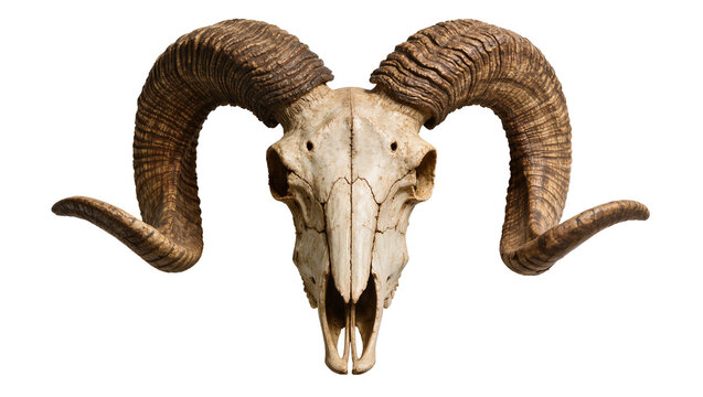 Ram skull with large curved horns, isolated on transparent background