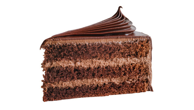 Rich chocolate cake slice with creamy frosting, isolated on transparent background