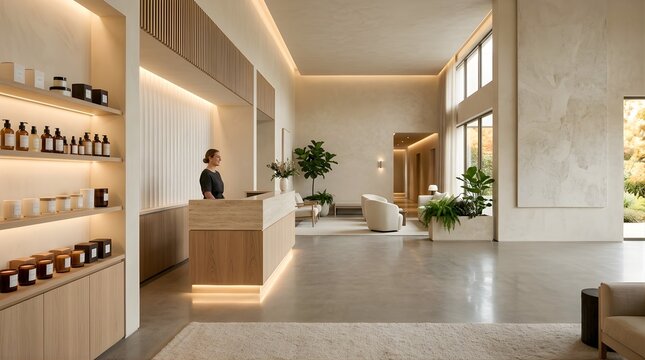 Smiling female receptionist at modern minimalist spa resort lobby desk