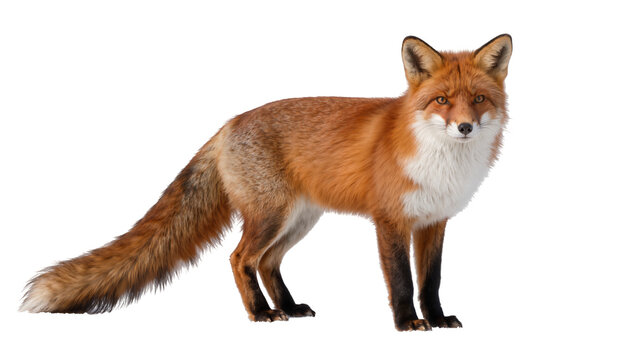Red fox with bushy tail standing alert, isolated on transparent background