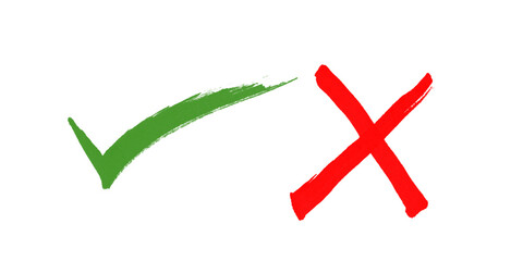 Hand Painted Green Check Mark and Red Cross Mark Brush Strokes Isolated on Transparent Background © Dhrubo