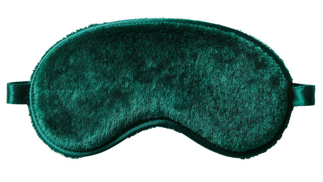 Plush emerald green velvet sleep mask with satin strap, isolated on transparent background