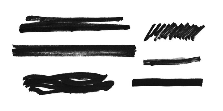 Black marker strokes and scribbles collection isolated on transparent background for graphic design elements.