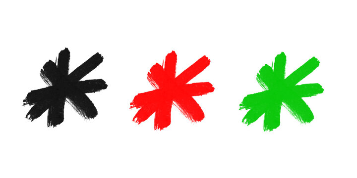 Painted Asterisk Symbols Set in Black Red Green, Hand Drawn Ink Brush Marks Isolated on Transparent Background