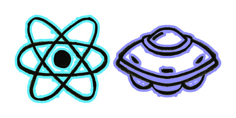 Hand Drawn Science Atom Symbol and Alien Flying Saucer UFO Icon Set Isolated on Transparent Background © Dhrubo