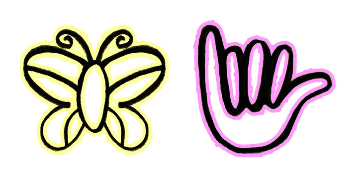 Cute doodle illustrations of yellow butterfly and pink shaka hand gesture sign isolated on transparent background