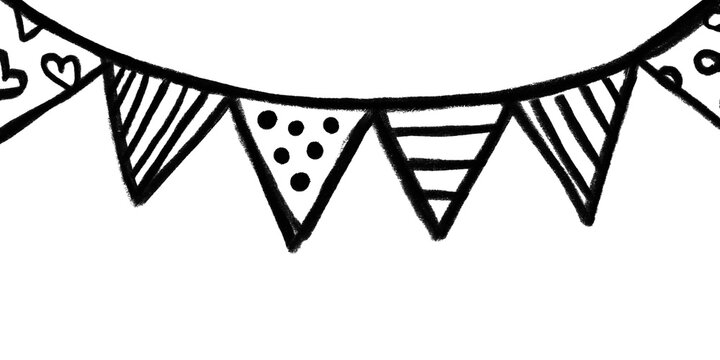 Hand Drawn Party Bunting Garland Illustration, Black Line Art Pennant Banner Isolated on Transparent Background PNG