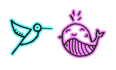 Fototapeta premium Cute doodle hummingbird and happy whale cartoon illustration set, isolated on transparent background PNG