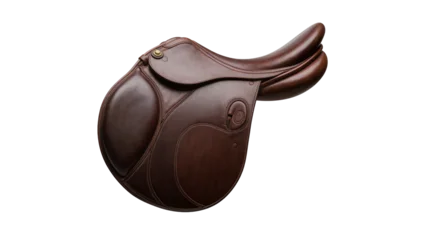 Fotobehang Paardrijden Brown leather equestrian saddle with brass hardware, isolated on transparent background  © Maria