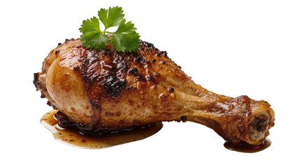 Golden brown roasted chicken leg with fresh parsley garnish, isolated on transparent background © Maria