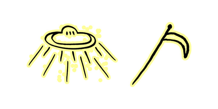 Hand Drawn Glowing UFO Beaming Light and Grim Reaper Scythe Set Isolated on Transparent Background