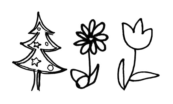 Hand drawn Christmas tree and spring flowers doodles set isolated on transparent background PNG line art.